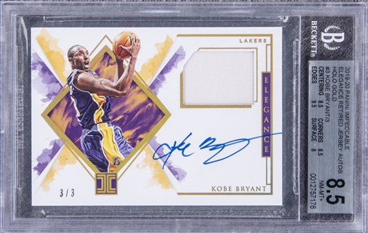 2019-20 Panini Impeccable Elegance "Retired Jersey Autos" Holo Gold #3 Kobe Bryant Signed Game Used Patch Card (#3/3) – BGS NM-MT+ 8.5/BGS 9